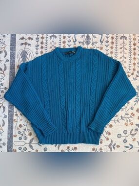 Vintage Boundary Waters Blue Cable Knit Fisherman Sweater Size Large